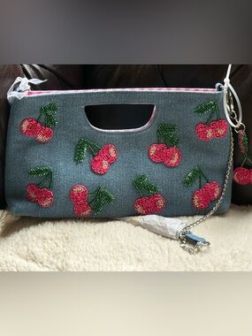 Embroidered Cherry Denim Clutch Bag with Chain Strap